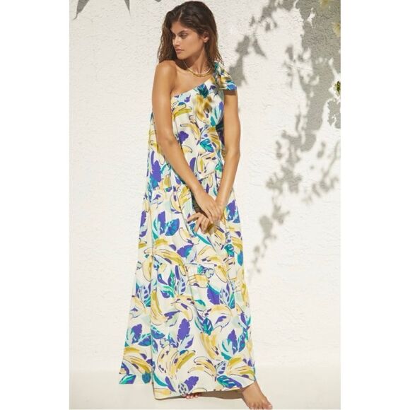 NEW By Anthropologie Floral Feminine One-Shoulder Bow Flowy Maxi Dress Medium - Picture 1 of 3